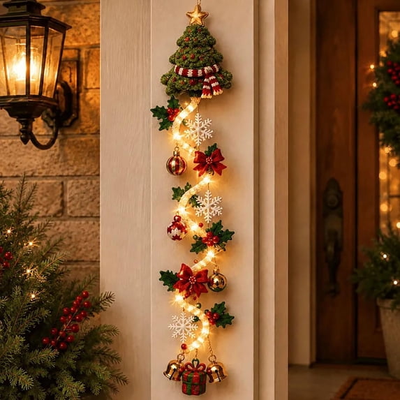Glowing Christmas Door Hanger with Lighted, Dimensional Details & Space-Saving Vertical Décor for Window Wall and Mantel