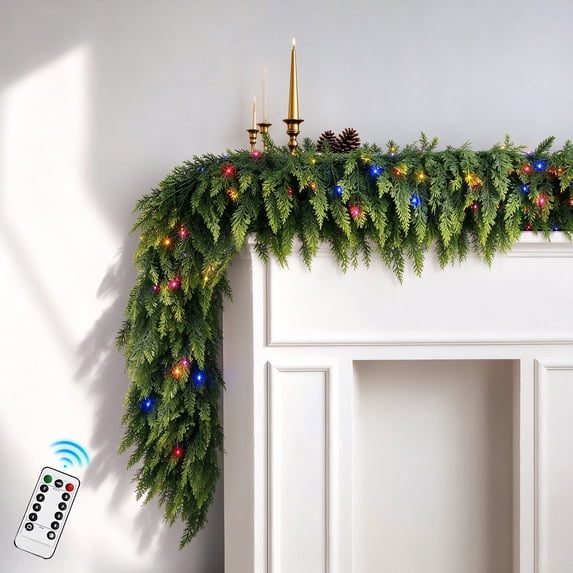 Glowing Christmas Pine Needle Graland with LED Lights, 5 FT Multicolor Artificial Graland for Mantels, Tabletops, and Porches | Battery-Powered Holiday Decor for Indoor and Outdoor Use