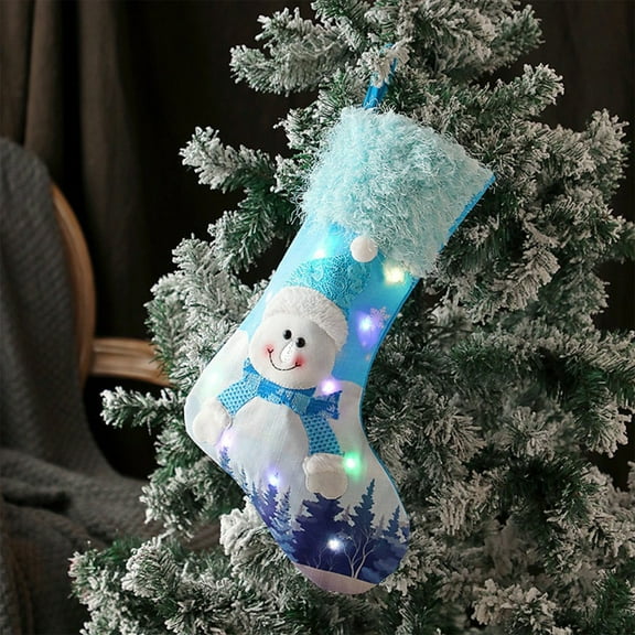 Glowing Christmas Stocking with Blue Snowman Design and LED Lights, Festive Candy Bag Decoration for Mantle Holiday DisplayE