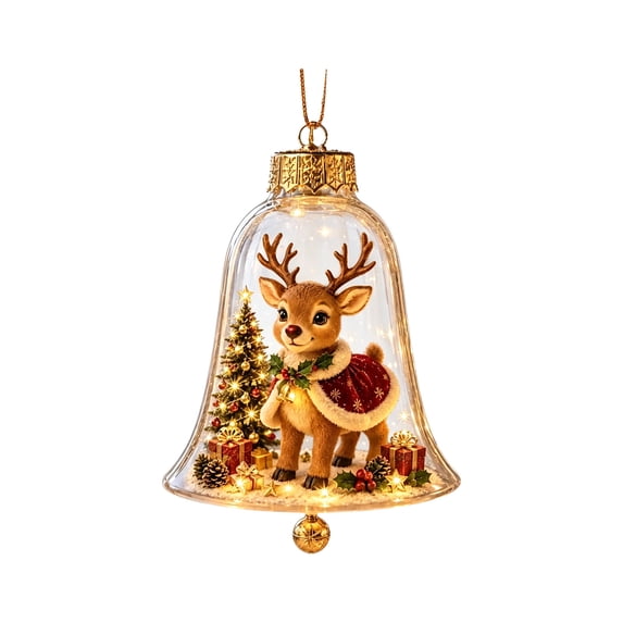 Glowing Christmas Story Bell Ornament 3.9 Inch - Light-Up Mini Holiday Scene with Warm White LED Lights - Hanging Xmas Tree Decor, Festive Keepsake Gift, Reindeer