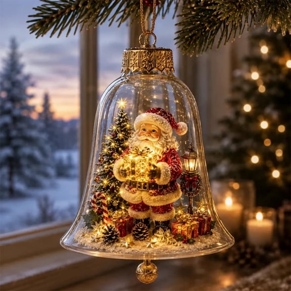 Glowing Christmas Story Crystal Bell Decor, Light-Up Mini Holiday Scene with Warm LED Light Inside Clear Bell Shape Ornament, Festive Keepsake Gift for Christmas Tree Pendant Decoration (A)