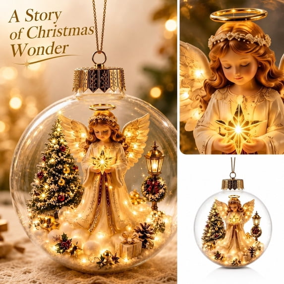 Glowing Christmas Story Ornament Clear Ball Christmas Ornaments Hanging Decor with Glowing 2D Scene for Xmas Tree Home Decor (Multicolor‑Angel)
