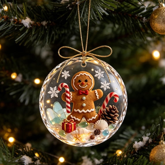 Glowing Christmas Story Ornament, Gingerbread Man Sea Glass Ball with Lighted Mini Holiday Scene for Christmas Tree, Window, Mantel, Coastal Holiday Decor and Gifts, 3.15 Inch