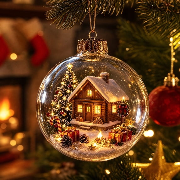 Glowing Christmas Story Ornament, Glowing Cabin In A Snowy Forest 3D Mini Holiday Diorama Ball, Light Up Christmas Tree Ornament for Holiday Decor