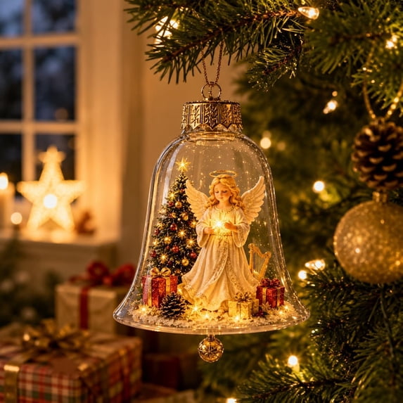 Glowing Christmas Story Ornament, Light-Up Mini Angel Holiday Scene with Warm LED Light, Clear Bell Shape Keepsake Gift Decor