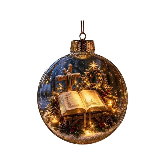 Glowing Christmas Story Ornament, Light‑Up Mini Holiday Scene, 3.1in Open Bible Cross Hanging Ball, Acrylic Christmas Tree Decoration, Festive Keepsake Ornament for Mantel, Window and Home Decor
