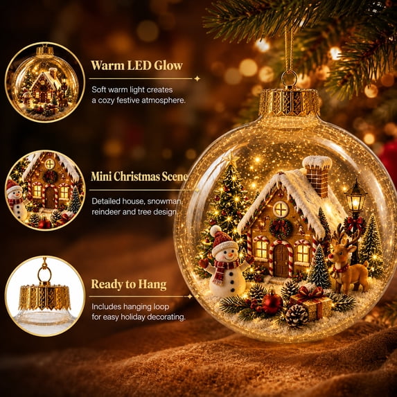 Glowing Christmas Story Ornament, Light‑Up Mini Holiday Scene 3.5In, Hanging Diorama Ornament with Warm LED Light, Festive Keepsake for Tree, Mantel & Christmas Party Decor