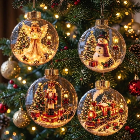 Glowing Christmas Story Ornament-Light-Up Mini Holiday Scene, 3.94" Light Up Christmas Ornaments with Warm LED Light, Christmas Ornament Sets for Tree Mantel Holiday Decoration, Gifting
