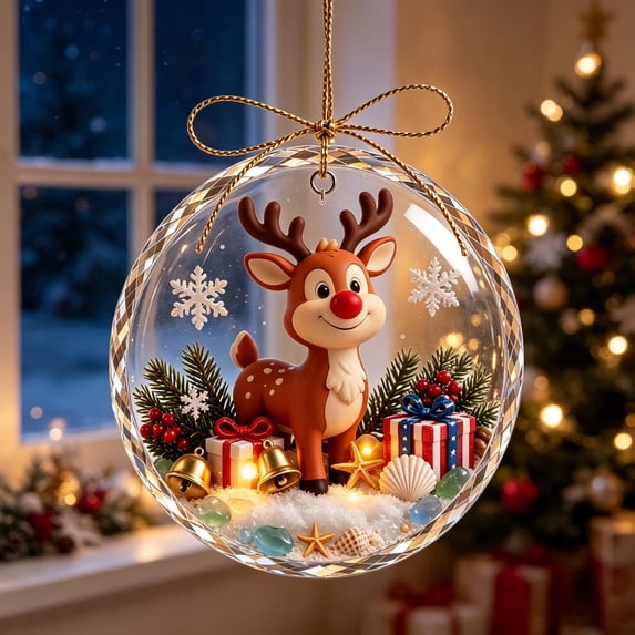 Glowing Christmas Story Ornament, Light-Up Mini Holiday Scene in Clear Acrylic Ball, Reindeer Design for Christmas Tree Hanging Holiday Decor, 3.15 Inch