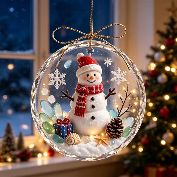 Glowing Christmas Story Ornament, Light-Up Mini Holiday Scene in Clear Acrylic Ball, Snowman Design for Christmas Tree Hanging Holiday Decor, 3.15 Inch