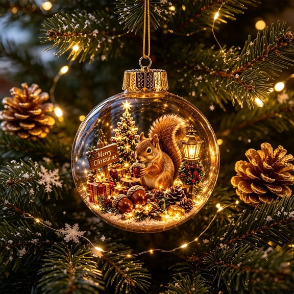 Glowing Christmas Story Ornament, Light-Up Mini Holiday Scene Clear Glass Ball Tree Ornament, Cute Animal Theme for Home Christmas Party Hanging Decoration(A)