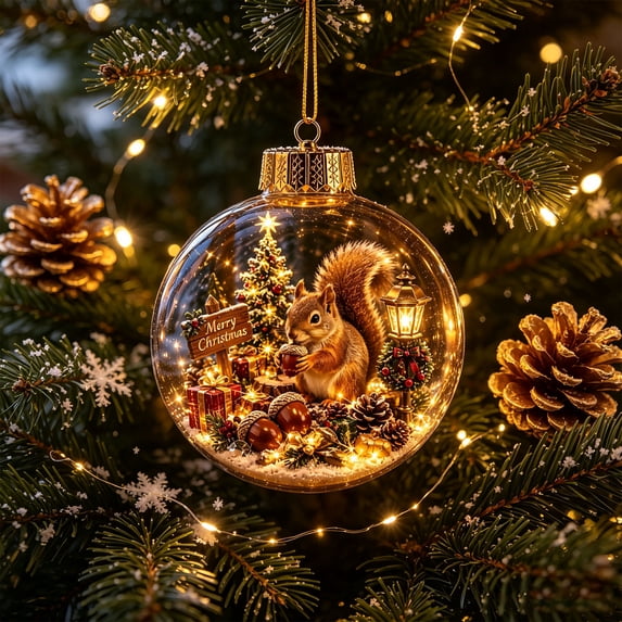 Glowing Christmas Story Ornament, Light-Up Mini Holiday Scene Clear Glass Ball Tree Ornament, Cute Animal Theme for Home Christmas Party Hanging Decoration(A)