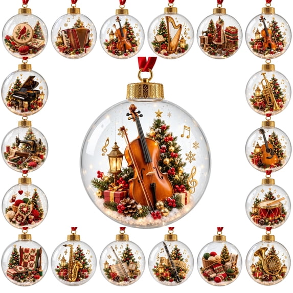 Glowing Christmas Story Ornament Light-Up Musical Instrument Mini Scene Bauble Warm LED Clear Hanging Ball Ornament Festive Keepsake Gift for Christmas Tree Home Holiday Party Decoration