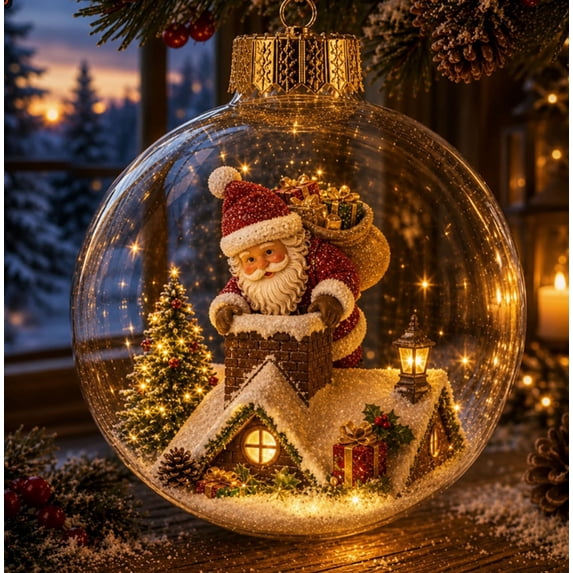Glowing Christmas Story Ornament, Santa Reading A Christmas Letter Acrylic Diorama Clear Ball, Light Up Christmas Tree Ornament for Holiday Decor