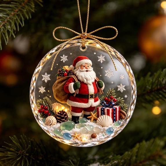 Glowing Christmas Story Ornament, Santa Sea Glass Ball with Lighted Mini Holiday Scene for Christmas Tree, Window, Mantel, Coastal Holiday Decor and Seasonal Gifts, 3.15 Inch