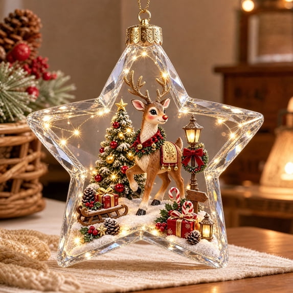 Glowing Christmas Story Star Shaped Decor,Light-Up Mini Holiday Scene Ornament with Warm LED Light,Festive Keepsake Hanging Pendant for Christmas Tree,Home And Party Decoration(Reindeer)