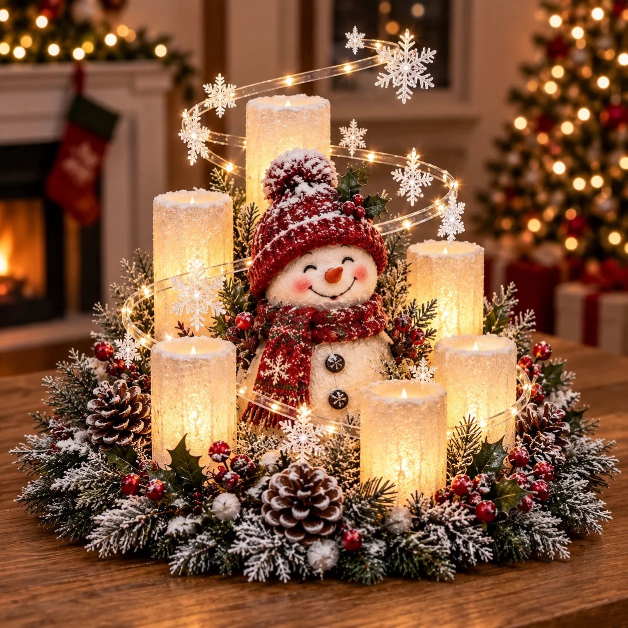 Glowing Christmas Table Centerpiece with Warm Flameless Candles, Pre