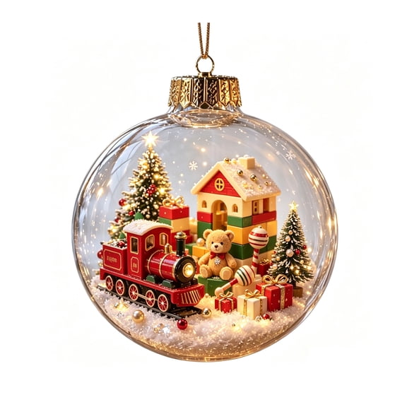Glowing Christmas Train & Teddy Bear Ornament, Mini Holiday Scene 3.9 Inch | Light-Up Christmas Balls with Warm LED Light for Xmas Tree Mantel, Gifting Use, 1-Pack
