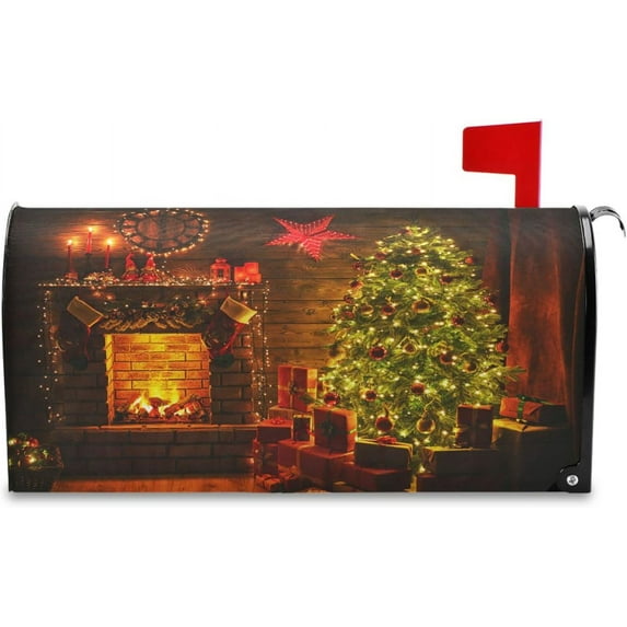 Glowing Christmas Tree Mailbox Cover Winter Xmas Fireplace Mailbox Covers Magnetic Large Oversized 25.4" X 20.8" Mailbox Wraps Post Letter Box Cover Garden Decorations