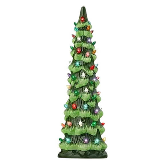Glowing Christmas Tree Sculpture Resin Holiday Tree Desk Ornament with LED Light For Tabletop Mantels Holiday Decoration