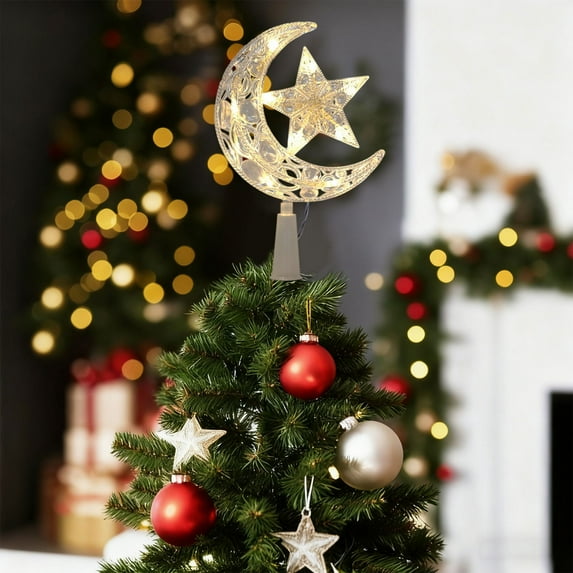 Glowing Christmas Tree Topper with Moon and Star Design, LED Lighted Tree Top Decoration for Indoor Holiday Decor(B)