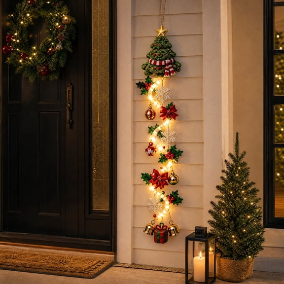 Glowing Christmas Vertical Cascade Door Hanger, Glowing Warm Light Ornament for Front Door Porch Wall Window Holiday Decor