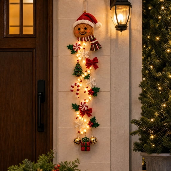 Glowing Christmas Vertical Cascade Door Hanger, Glowing Warm Light Ornament for Front Door Porch Wall Window Holiday Decor