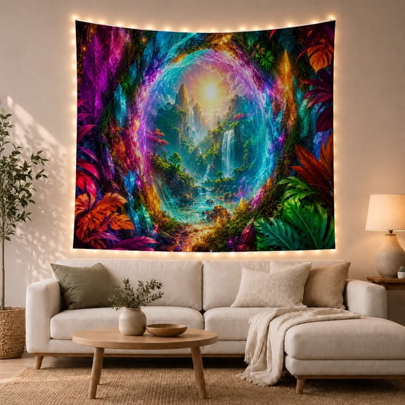 Glowing Circular Portal with Waterfalls in Jungle, Dreamy Psychedelic for Fantasy Lovers, Mystical Nature Art, Birthday Gift, Tapestry Wall Hanging for Bedroom and Dorm