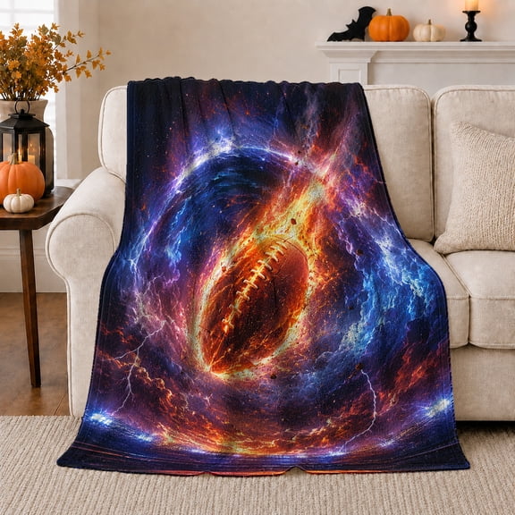 Glowing Cosmic Football Electric Nebula, Mystical Fantasy Scene, Warm Flannel Blanket for Office and Dorm, Celestial Art Lovers Graduation Gift, Fantasy Home Decor