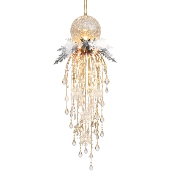 Glowing Crackle Ball Crystal Cascade Christmas Hanging Light, Christmas Hanging Lights with Snowflake & Crystal LED, Outdoor Christmas Decorations