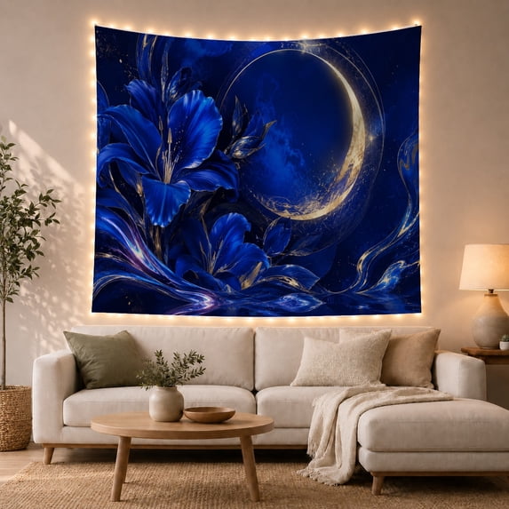 Glowing Crescent Moon with Blue Blossoms Against a Navy Sky, Romantic Gothic for Celestial Lovers, Mystical Floral Art Decor, Mother's Day Gift, Tapestry Wall Hanging for Bedroom and Living Room