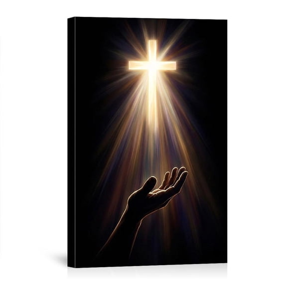 Glowing Cross With Praying Hands Christian Faith For Home Bedroom Prayer Room Canvas