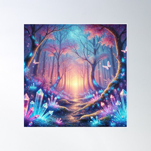 Glowing Crystal Forest At Dawn Poster Wall Art, Modern Wall Decor, 16x16 UNFRAMED