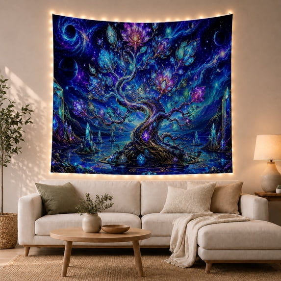 Glowing Crystal Tree in a Cosmic Nebula with Stars, Mystical Fantasy for Space Enthusiasts, Ethereal Surreal Art, Birthday Gift Tapestry Wall Hanging for Bedroom and Living Room
