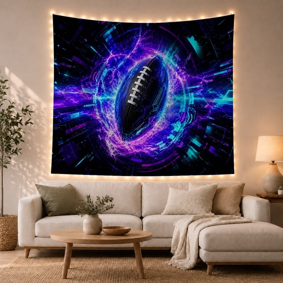 Glowing Cyber Football in Neon Tunnel with Purple Lightning, Dramatic Digital Art for Sci-Fi Sports Fans, Futuristic Athletic Decor, Birthday Gift, Tapestry Wall Hanging for Gaming Room and Dorm