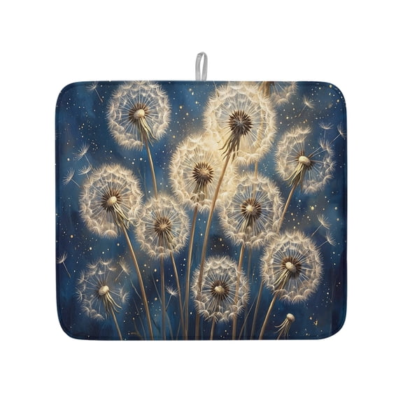 Glowing Dandelion Seeds Dish Drying Mats for Kitchen Counter,Absorbent Microfiber Dish Drainer Rack Mat Botanical on Night Sparkles Drying Pad for Sinks,Utensils,Countertops,16x18in