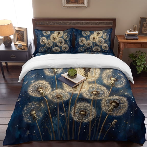 Glowing Dandelion Seeds Queen Size Bed Set,Botanical on Night Sparkles Bedding for All Seasons,4 Pcs Bed Set,1 Quiltcover (90"x90"),1 Sheet (90"x102"),2 Pillowcases (20"x30")