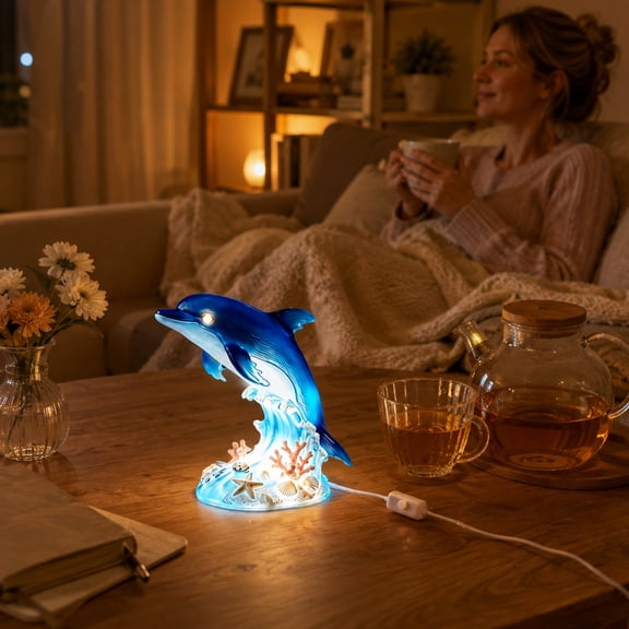Glowing Dolphin Night Light Resin Figurine, Dolphin With Wave Coral Starfish Seabed Night Light Decor, Desk Bedroom Living Room Shelf, Room Decorations