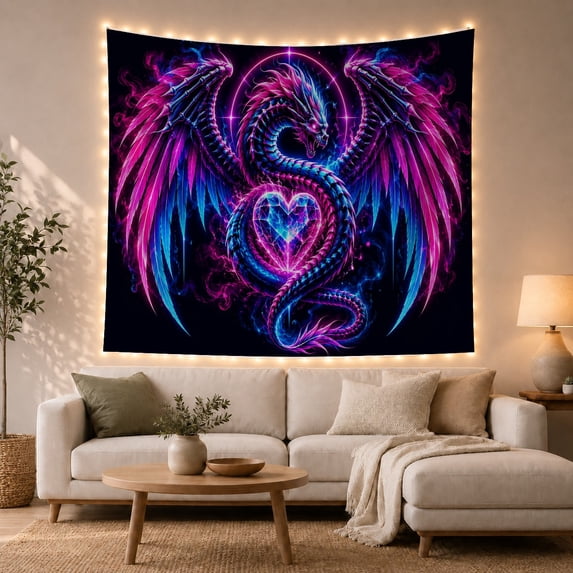 Glowing Dragon Heart Formed from Neon Wings on Black Background, Mystical Fantasy for Fantasy Decor Lovers, Magical Wall Art Decor, Halloween Gift, Tapestry Wall Hanging for Bedroom and Dorm