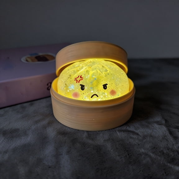 Glowing Dumpling Stress Ball 2.36 Inch Squeeze Sensory Fidget with Steamer Base & Sparkling Glitter for Desk Office Night Light Decor