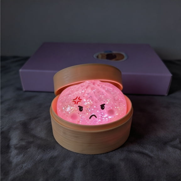 Glowing Dumpling Stress Ball 2.36 Inch Squeeze Sensory Fidget with Steamer Base & Sparkling Glitter for Desk Office Night Light Decor