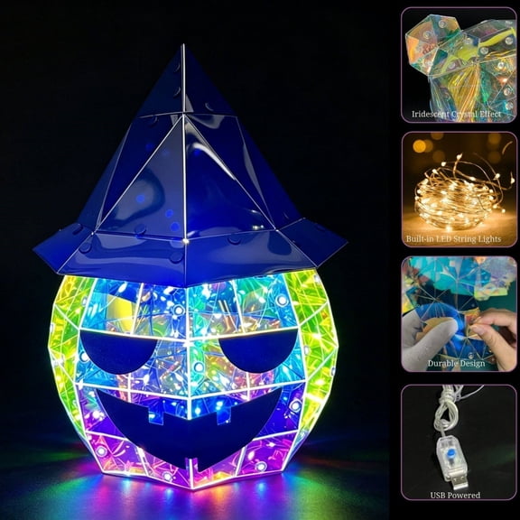 Glowing Evil Pumpkin LED Figurine Colorful Halloween Decoration with Wizard Hat Geometric Patchwork Ambient Night Light for Tabletop Shelf Party Decor