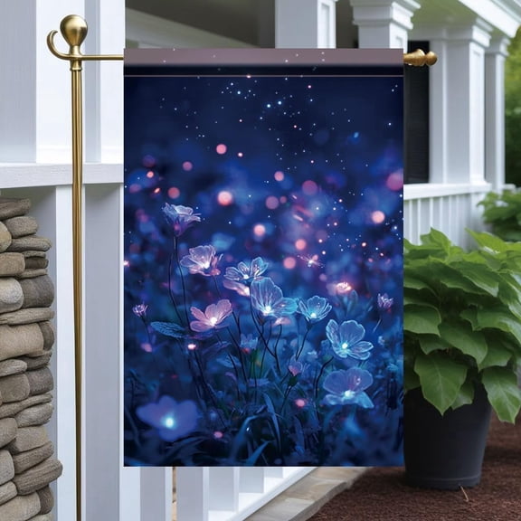 Glowing Floral Garden Flag 12x18 Inch Double Sided Outdoor Yard Banner with Night Blooming Flowers and Fireflies for Patio Porch Lawn Seasonal Decoration