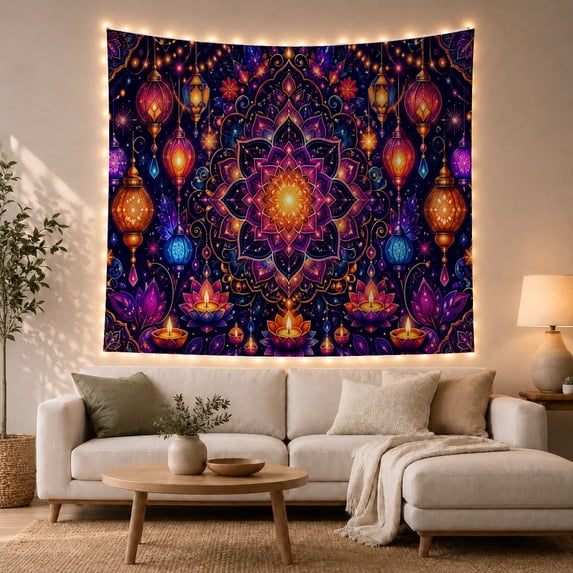 Glowing Floral Mandala Among Lanterns and Lotus Candles, Mystical Boho for Yoga Lovers, Mandala Decor, Housewarming Gift, Tapestry Wall Hanging for Meditation Room and Bedroom