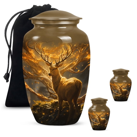Glowing Forest Dear Large Memorial Urns For Human Ashes Adult Female - Funeral Mini Urn For Ashes Adult Male - Cremation Gifts For Decorative Combo 10Inch 200Lbs And 3Inch 2 Keepsake Urn