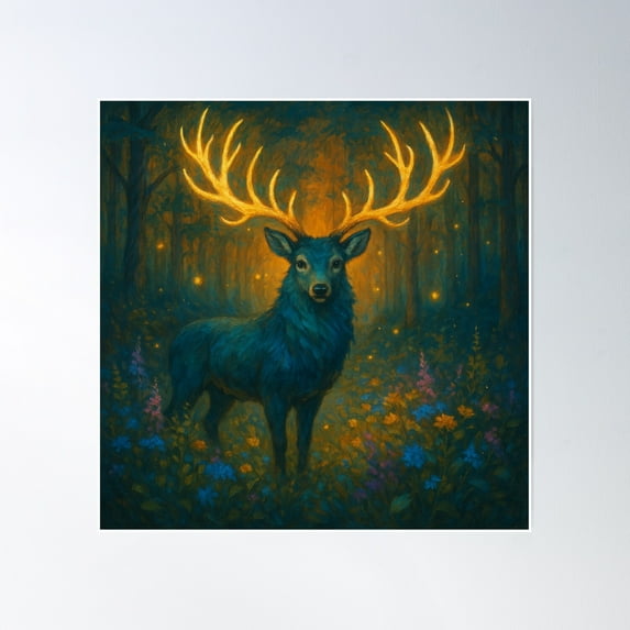 Glowing Forest Stag – Mystic Twilight In Bloom Poster Wall Art, Modern Wall Decor, 12x18 UNFRAMED