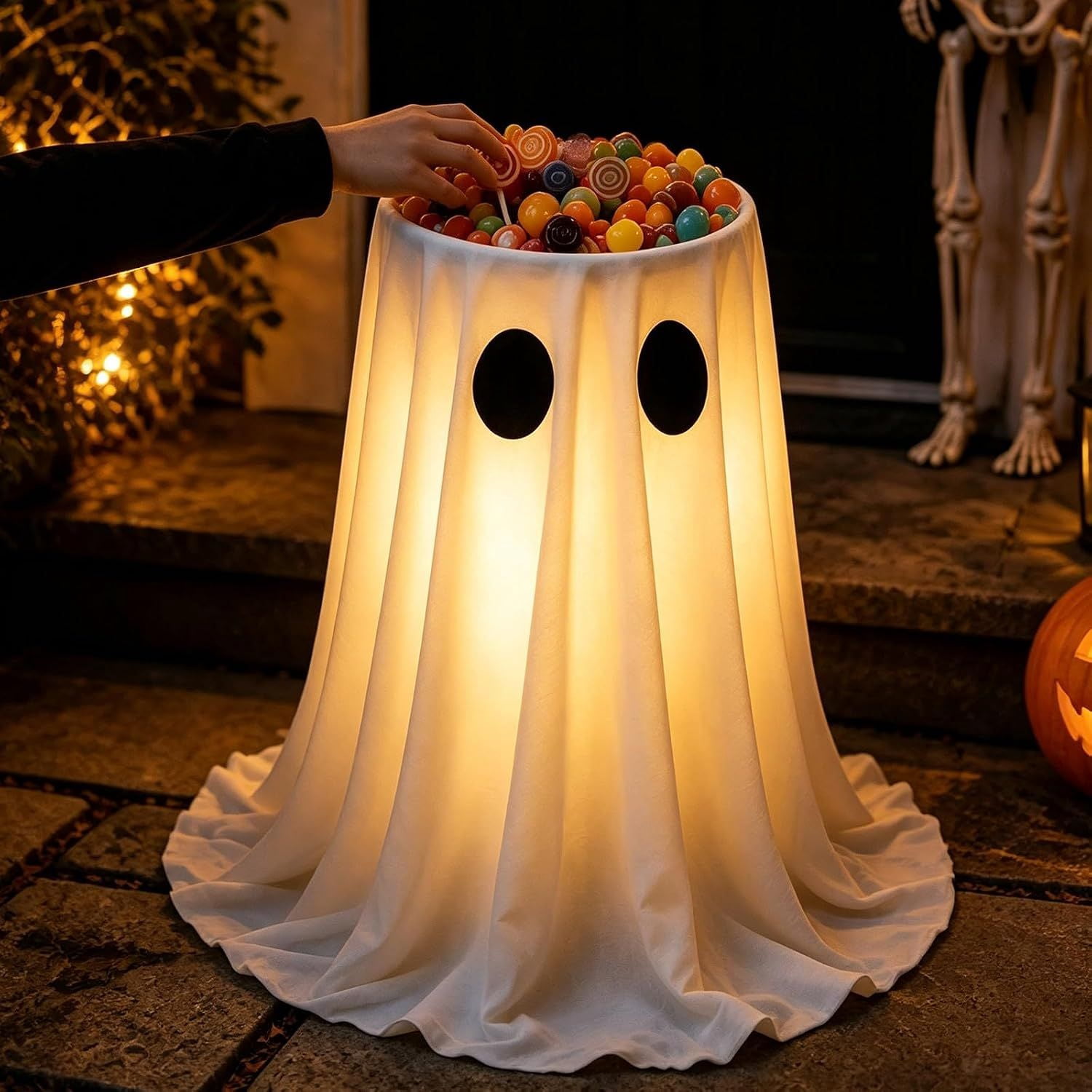 Glowing Ghost Candy Bowl Holder, 30 in LED Halloween Decoration with Remote, 8 Light Modes, USB or Battery Power, Indoor Outdoor Porch Display