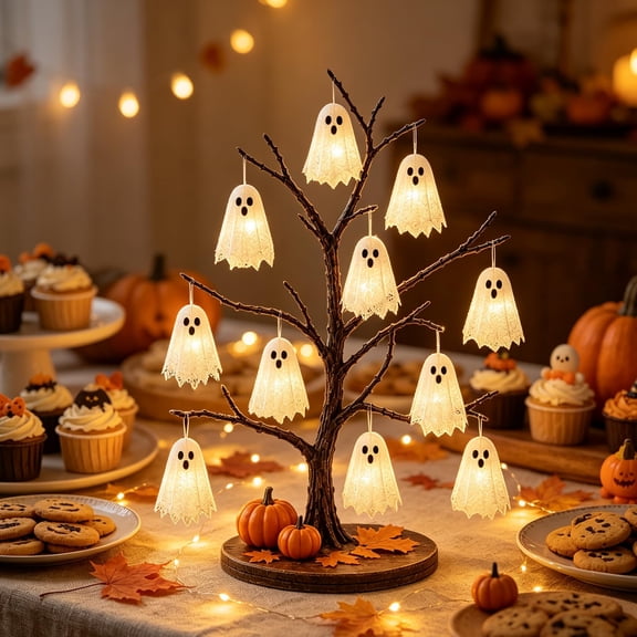 Glowing Ghost Tree Halloween Tabletop Decor, Halloween Spooky Ghost Lighted Tree Decoration, Glowing Face LED Lighting, Indoor Home Party Room Gift