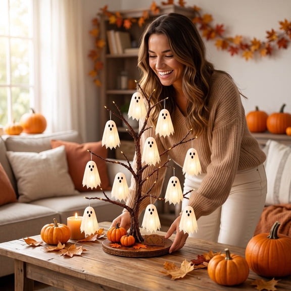 Glowing Ghost Tree Halloween Tabletop Decor, Halloween Spooky Ghost Lighted Tree Decoration, Spooky Table Centerpiece for Home, Fireplace Mantel, Party, Indoor Halloween Decoration (1PC)