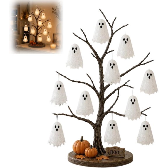 Glowing Ghost Tree Halloween Tabletop Decor, Halloween Spooky Ghost Lighted Tree Decoration with Pumpkin Boo Sign, Glowing Face LED Lighting